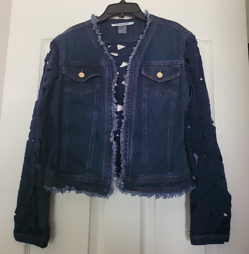 Peter Nygard Navy Frayed Denim Jacket with Eyelet Sleeves